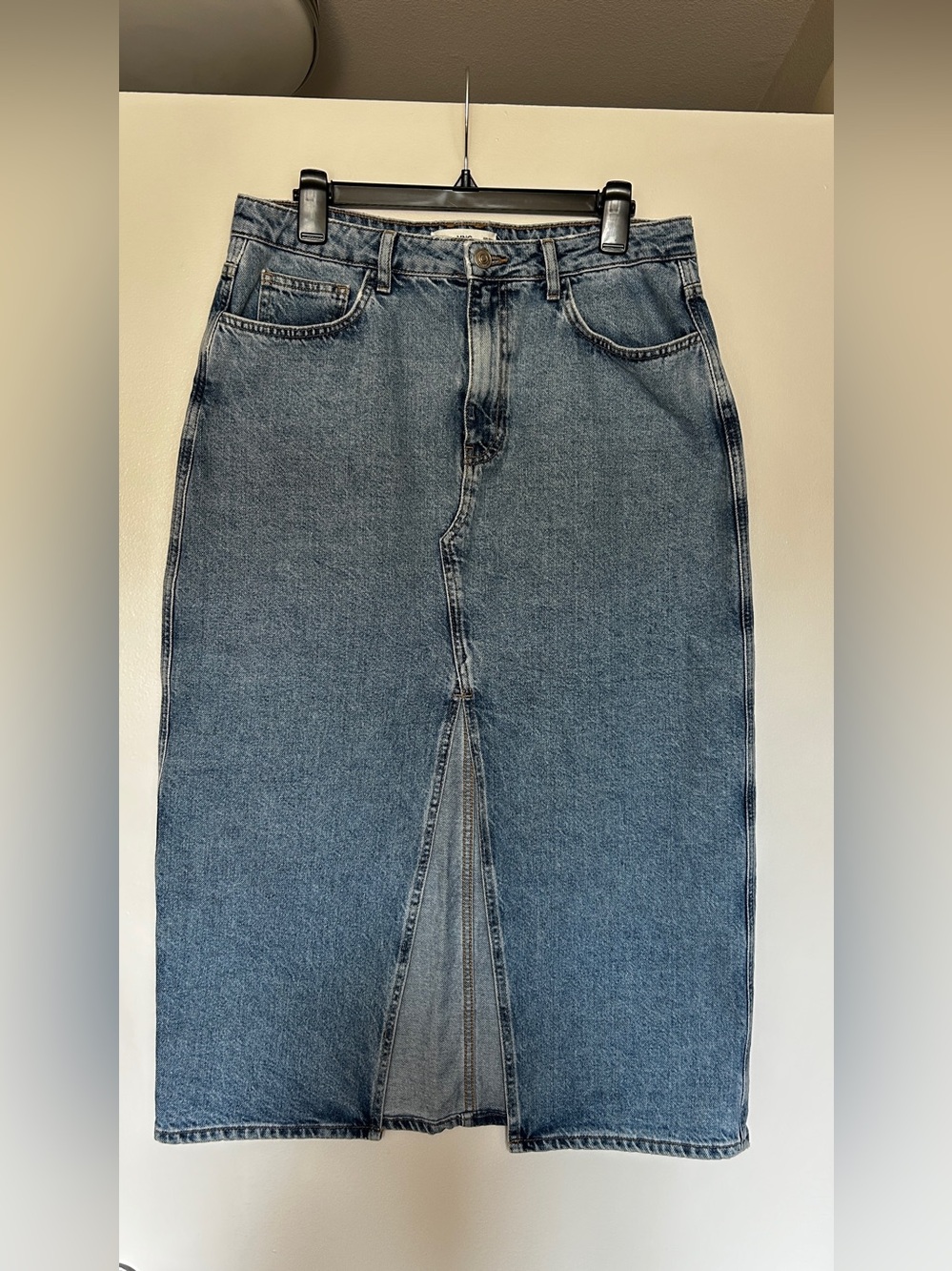 MANGO Denim Midi Skirt with Front Slit Light Blue washed - Size L